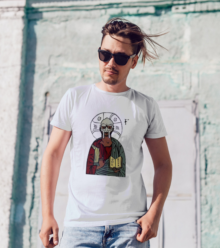 MF DOOM Cartoon Iconic Mask With Sacred Imagery And Open Book One Beer T-Shirt