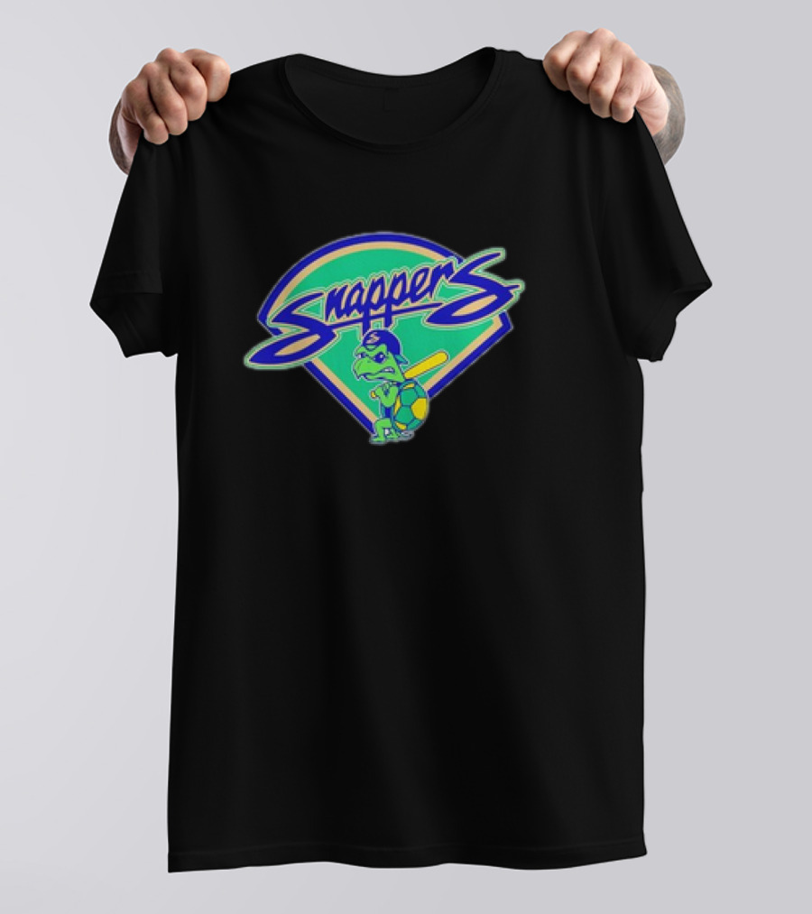 Snappers Baseball Turtle Mascot With Cap And Bat On Green Blue Badge T-Shirt