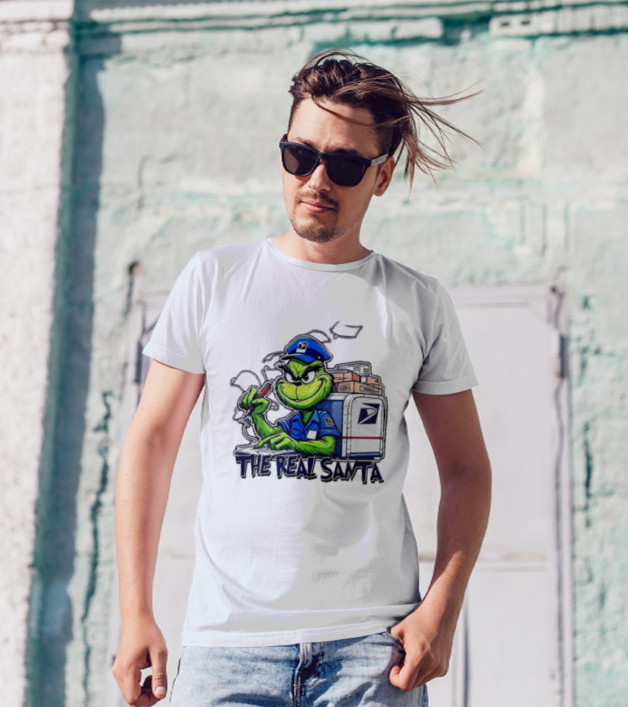 Grinch USPS The Real Santa Postal Delivery Holiday Fun T-Shirt