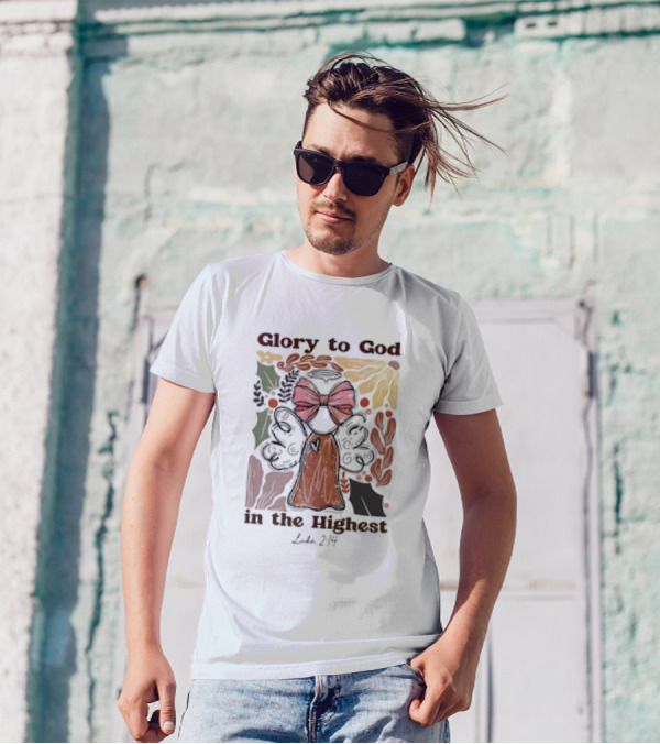 Glory To God In The Highest Luke 2:14 Retro Vintage Christian Angel Bow T-Shirt