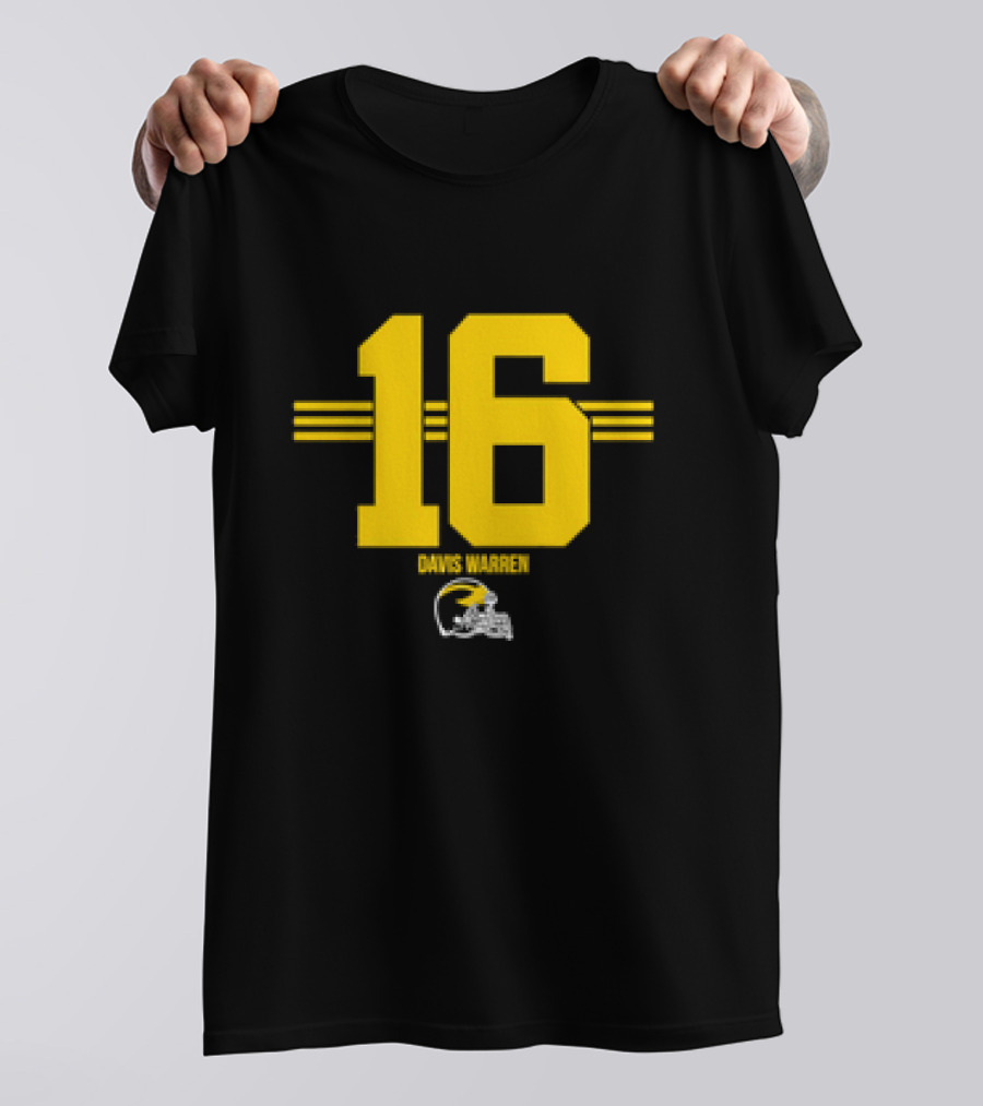Michigan Football Davis Warren 16 Yellow Stripe Helmet T-Shirt