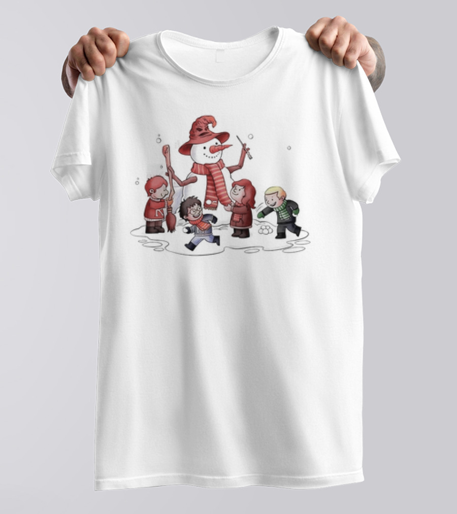 Young Wizard Students Building Snowman In House-Themed Scarves And Hats T-Shirt