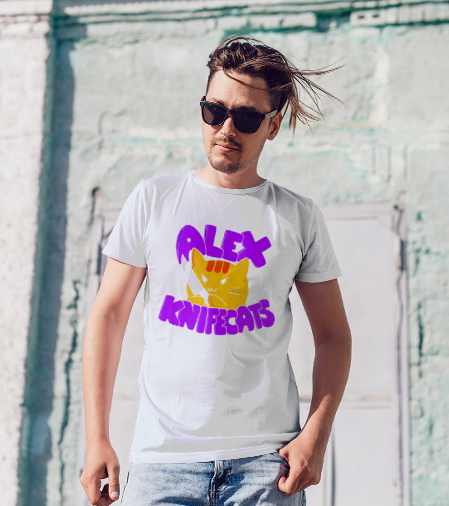 Alex Knifecats Orange Cat Purple Text T-Shirt