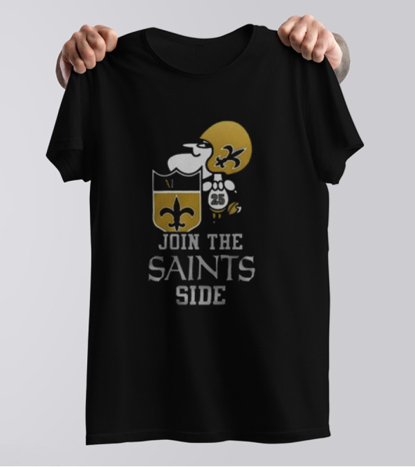 Join The Saints Side New Orleans Saints X Snoopy Football Shield Fleur-de-Lis T-Shirt