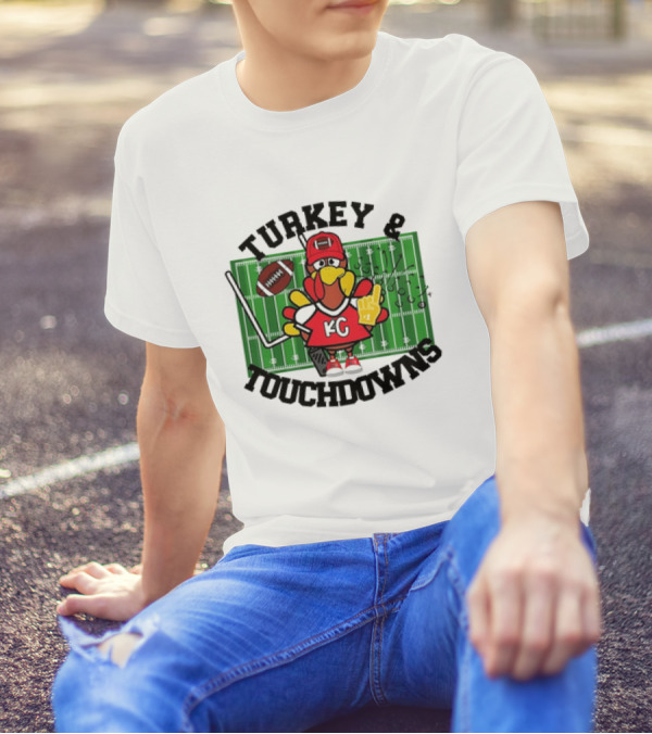 Turkey And Touchdowns Kansas City Chiefs Football Field Cartoon T-Shirt