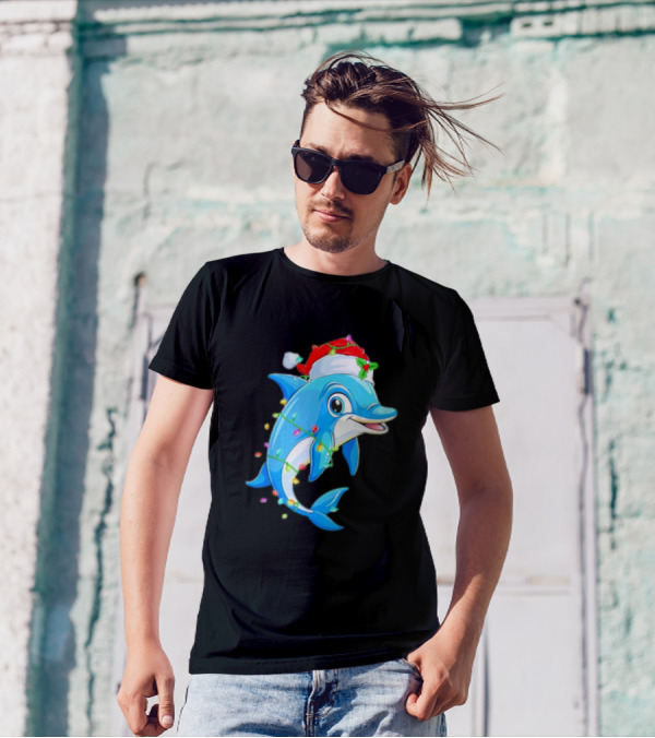 Dolphin In Santa Hat Wrapped In Christmas Tree Lights Pajamas T-Shirt