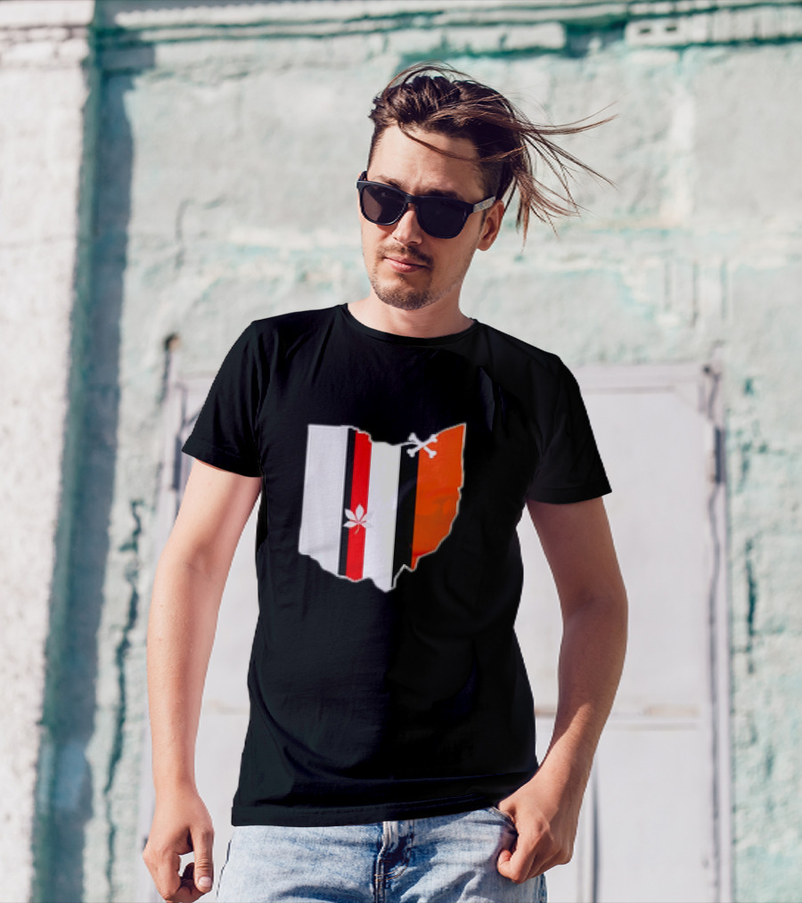 Ohio Map Stripes Football Buckeye Leaf Browns Colors T-Shirt