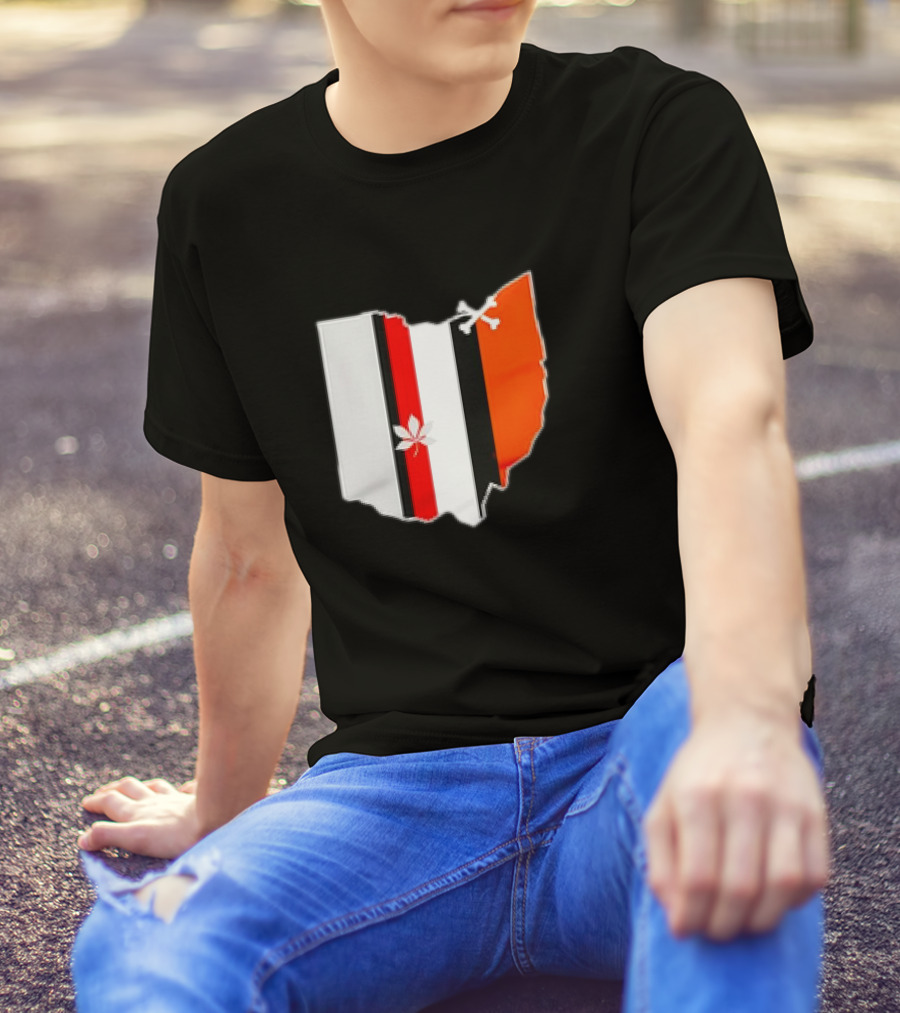 Ohio Map Stripes Football Buckeye Leaf Browns Colors T-Shirt