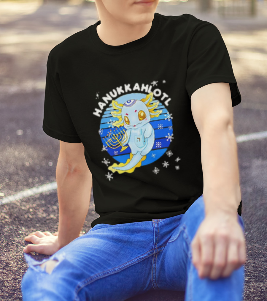 Hanukkahlotl Axolotl Dreidel Menorah Snowflakes Retro T-Shirt