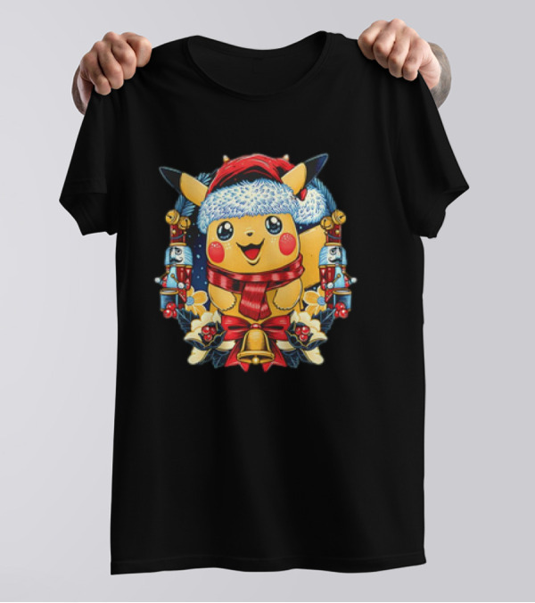 Pikachu Christmas Hat Scarf Nutcracker Bells Pokémon Holiday T-Shirt