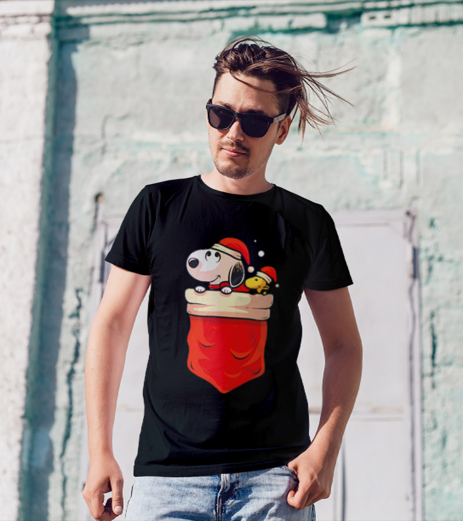 Snoopy And Woodstock Christmas Santa Hats In Red Pocket T-Shirt