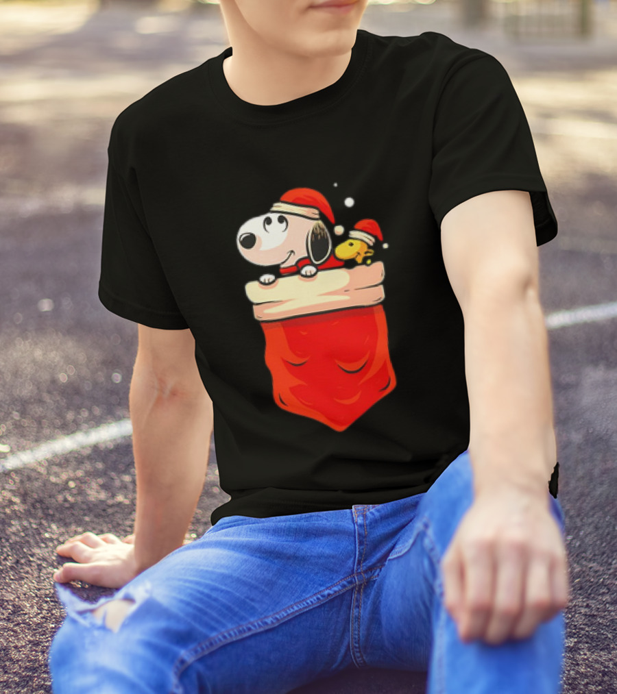 Snoopy And Woodstock Christmas Santa Hats In Red Pocket T-Shirt