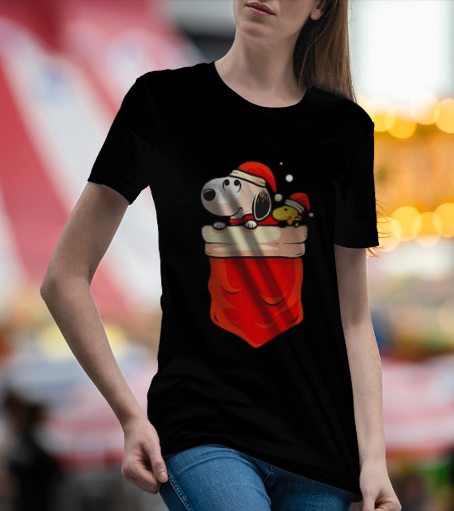 Snoopy And Woodstock Christmas Santa Hats In Red Pocket T-Shirt