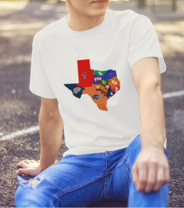 Map Of Texas College Football Teams Featuring TCU Baylor Texas A&M Texas Tech UTEP T-Shirt
