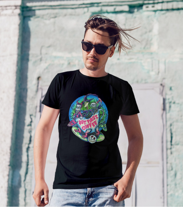 But First Coffee Lock Shock And Barrel In A Coffee Cup With Colorful Cartoon Characters T-Shirt
