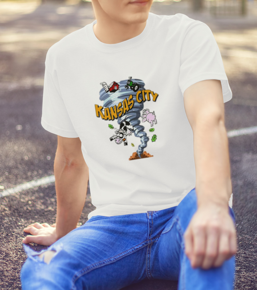 Kansas City Tornado Magnet Cartoon With Farm Animals And Tractor T-Shirt