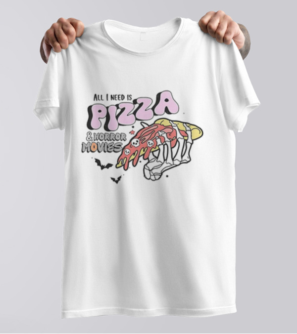 All I Need Is Pizza And Horror Movies Skeleton Hand With Bats And Skulls T-Shirt
