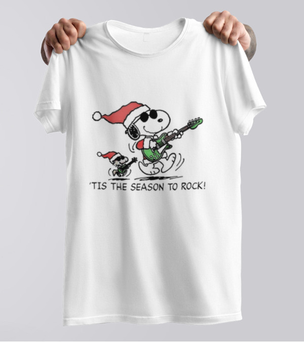 Snoopy Woodstock Peanuts 'Tis The Season To Rock Christmas With Santa Hats And Guitars T-Shirt