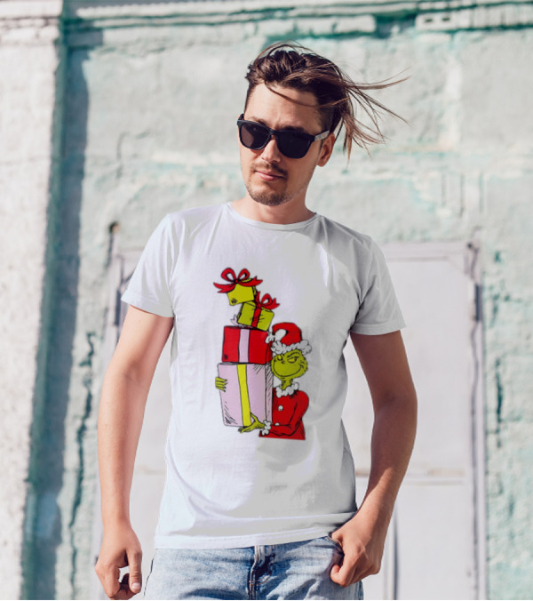 Grinch With Stacked Christmas Gifts Santa T-Shirt