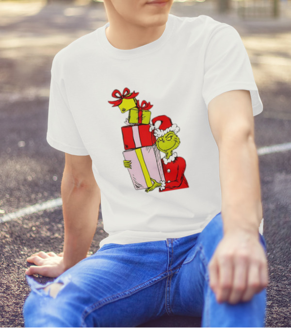 Grinch With Stacked Christmas Gifts Santa T-Shirt