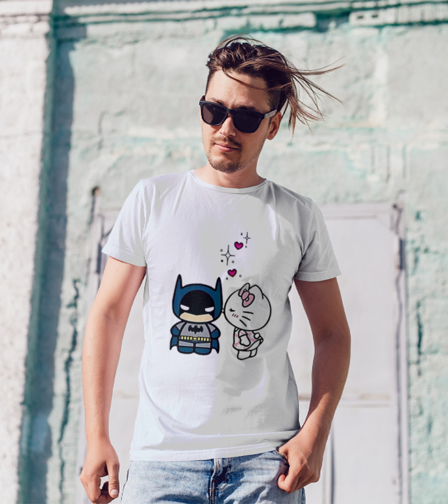 Hello Kitty Kissing Batman With Hearts And Sparkles T-Shirt
