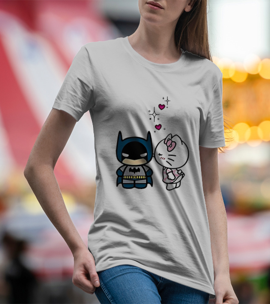 Hello Kitty Kissing Batman With Hearts And Sparkles T-Shirt
