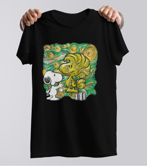 Peanuts Snoopy Spray Painting Woodstock In Starry Night Graffiti T-Shirt