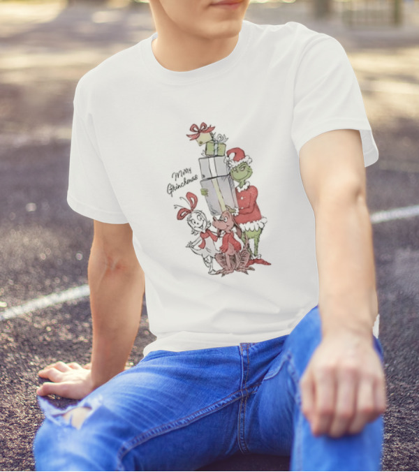 Merry Grinchmas Grinch With Max And Cindy Lou Who Holiday Cartoon T-Shirt