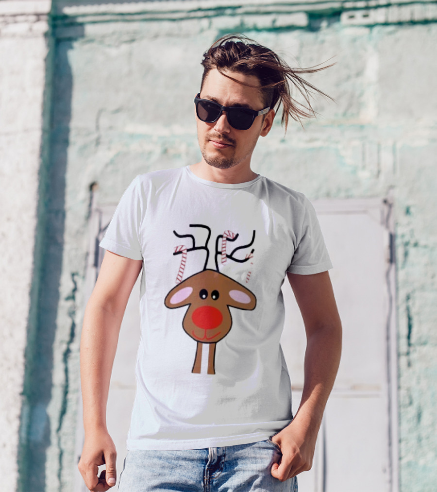 Red Nose Christmas Reindeer With Candy Cane Antlers T-Shirt