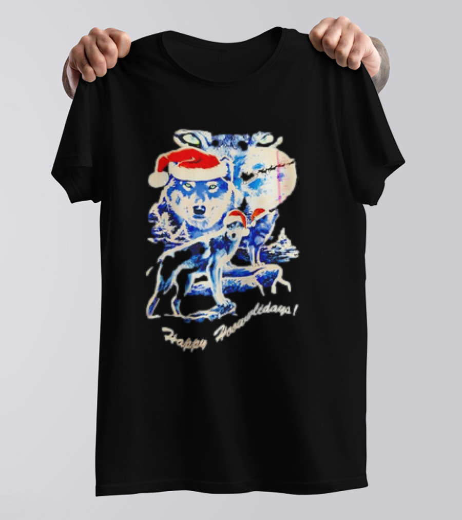 Happy Howlidays Wolves Santa Hats Christmas T-Shirt