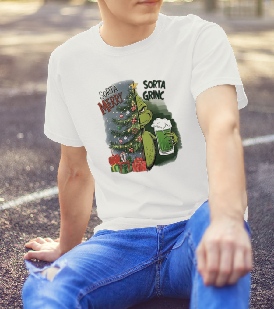 Sorta Merry Sorta Grinch Christmas Tree And Green Drink T-Shirt