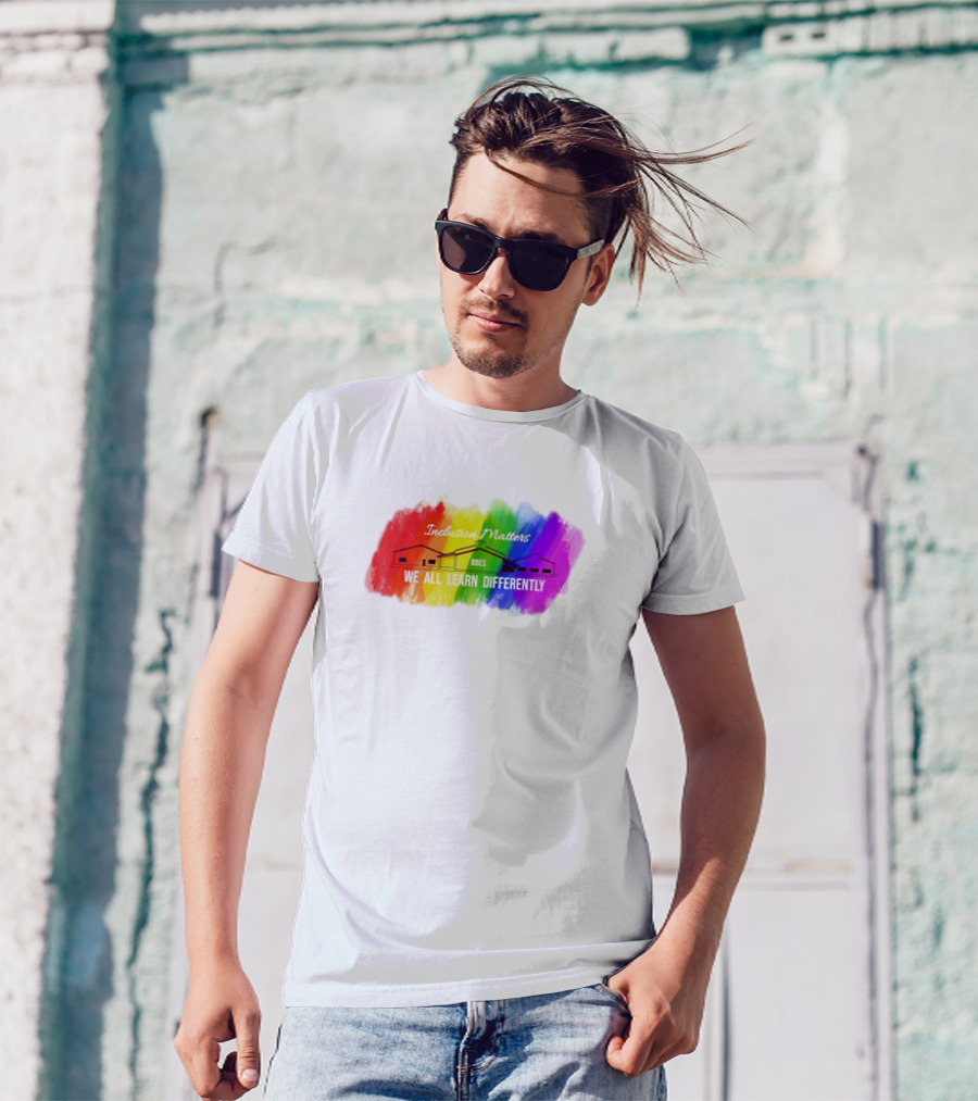 Inclusion Matters BBES We All Learn Differently Rainbow Brushstroke Background T-Shirt