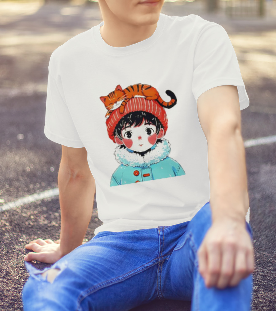 Cute Anime Child In Winter Coat With Adorable Cat Hat T-Shirt