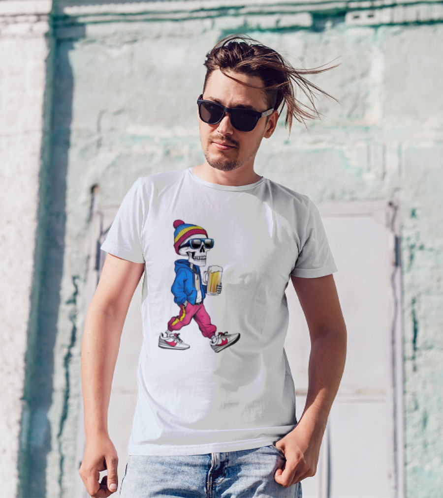 Skeleton Somewhere It's Beer Time Walking With A Mug T-Shirt