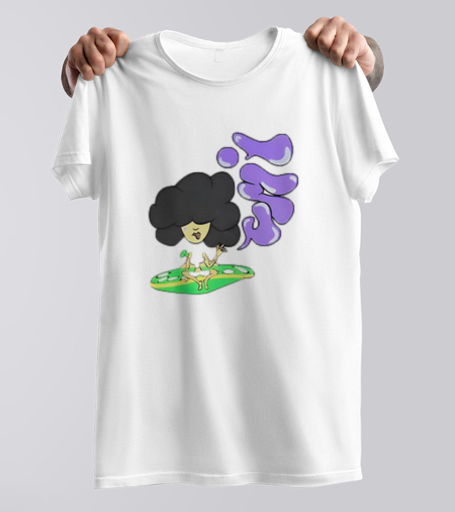 Umi Afro Character On Green UFO With Purple Bubble Letters T-Shirt