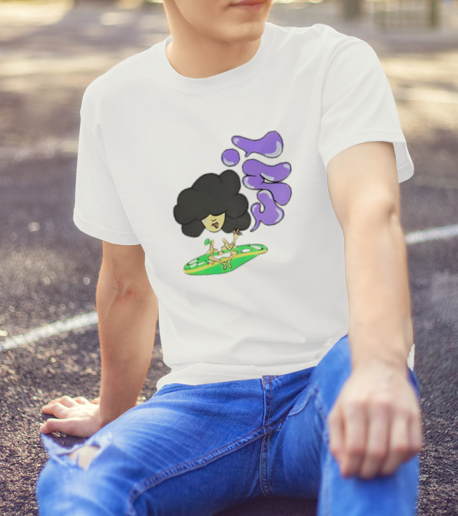 Umi Afro Character On Green UFO With Purple Bubble Letters T-Shirt