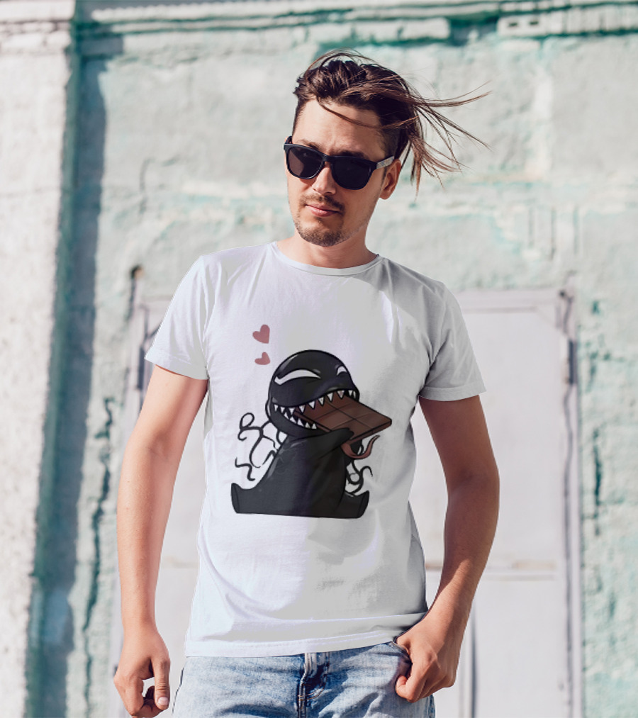 Venom Eating Chocolate Cartoon Meme With Hearts T-Shirt