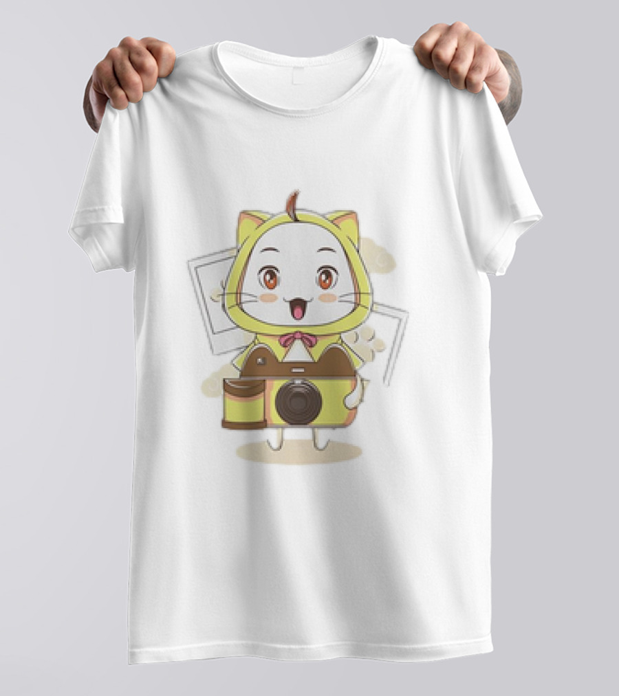 White Cat With Classic Camera Drawing T-Shirt