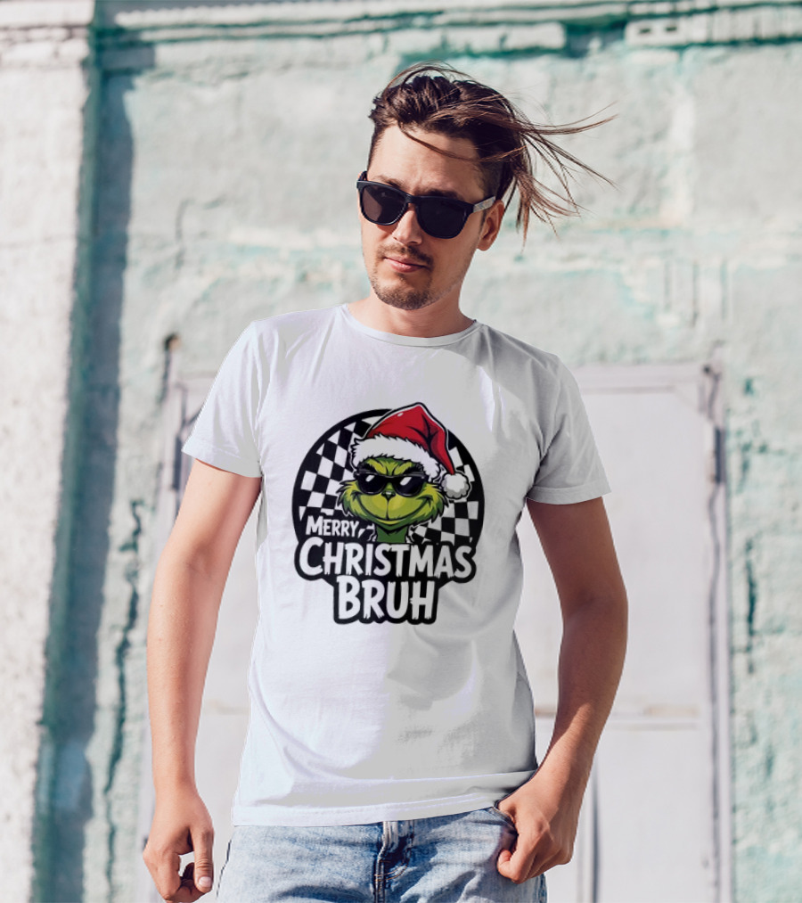 Merry Christmas Bruh Grinch With Santa Hat And Checkered Flags T-Shirt