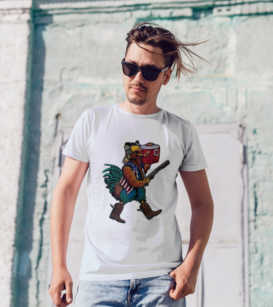 Merica Tacticock Chicken Patriotic Rooster With Beer Cooler And Shotgun T-Shirt