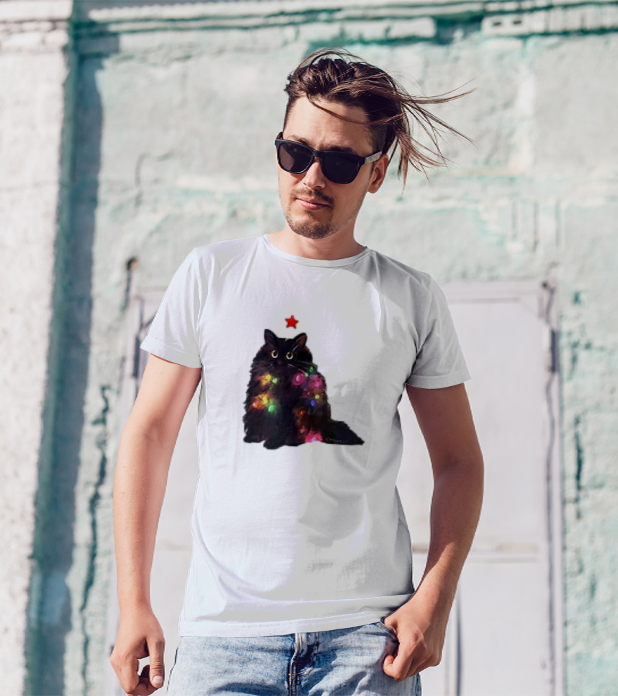 Black Cat Wrapped In Colorful Christmas Lights With Red Star T-Shirt