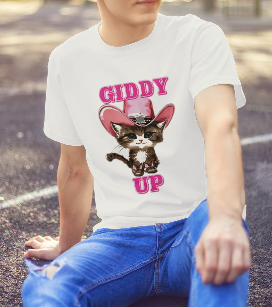 Giddy Up Cowboy Cat Pink Hat Kitten T-Shirt