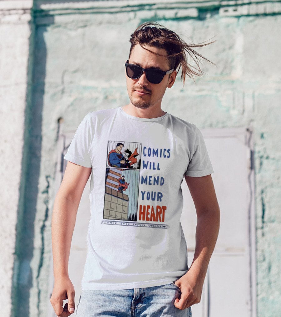 Comics Will Mend Your Heart Comic Book Couples Counseling Iconic Characters Embrace T-Shirt