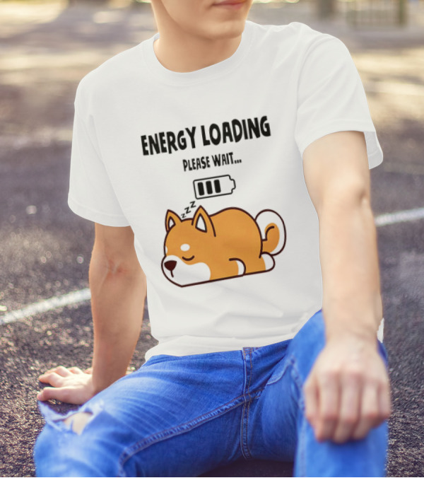 Shiba Inu Energy Loading Please Wait Battery Charging Sleepy Dog T-Shirt