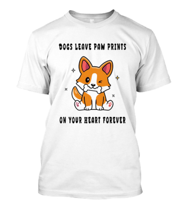 Dogs Leave Paw Prints On Your Heart Forever Shiba Inu Illustration With Bone And Stars T-Shirt