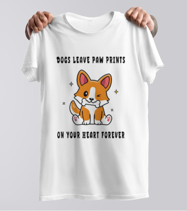 Dogs Leave Paw Prints On Your Heart Forever Shiba Inu Illustration With Bone And Stars T-Shirt