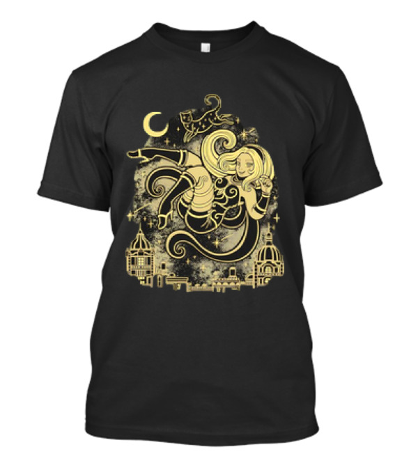 Gravity Rush Floating Cat And Girl In The Sky With Crescent Moon Cityscape T-Shirt