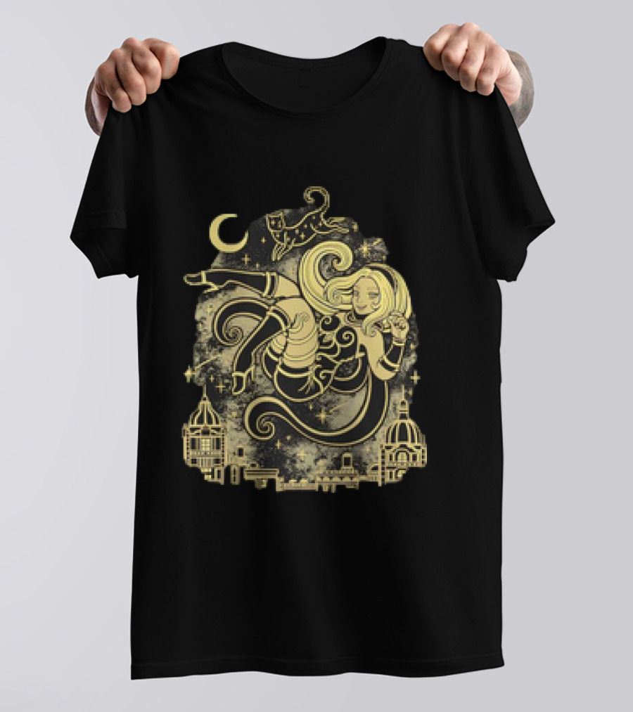 Gravity Rush Floating Cat And Girl In The Sky With Crescent Moon Cityscape T-Shirt