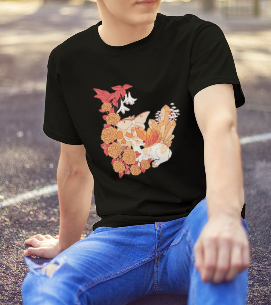 Mystical Forest Fawn Surrounded By Roses And Butterflies T-Shirt