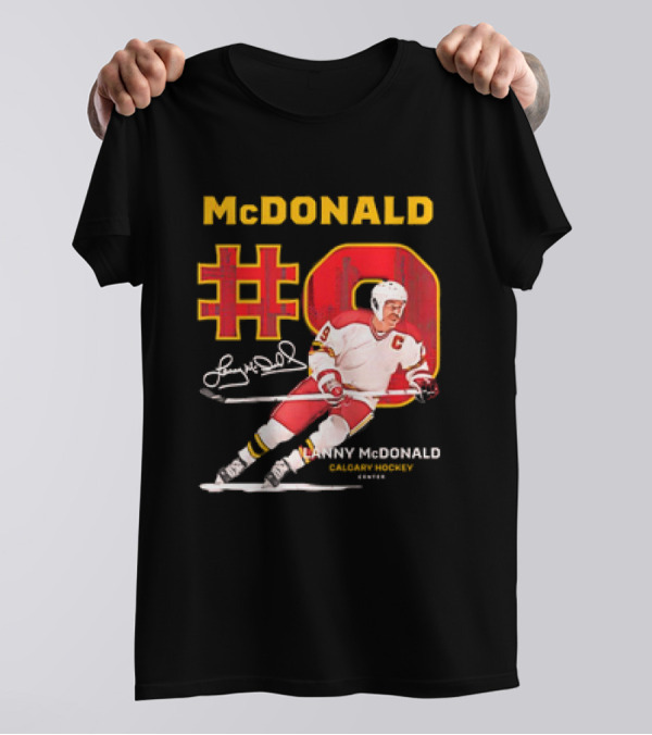 Lanny McDonald #9 Calgary Flames NHL Hockey Throwback Vintage Signature T-Shirt
